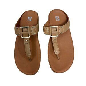Fitflop Latte Tan Flitta Stud & Buckle Leather Wedge Thong Sandals Women's Sz 10